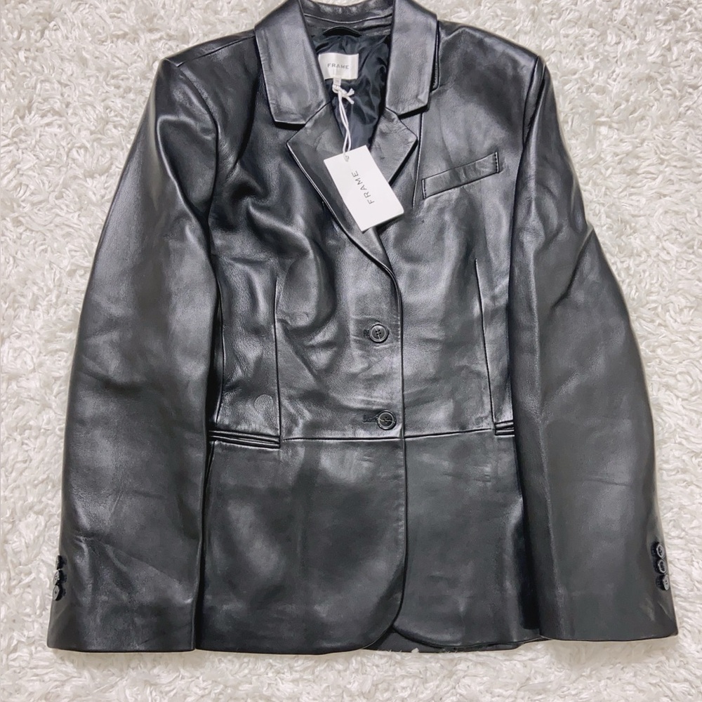 NWT $1398 Frame Women's Black The Femme Leather Blazer - Picture 5 of 8